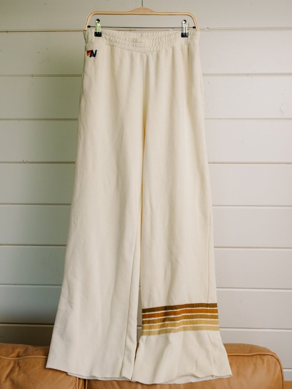 Aviator Nation Vintage White Tan 5 Stripe Wide Leg Sweatpants Large